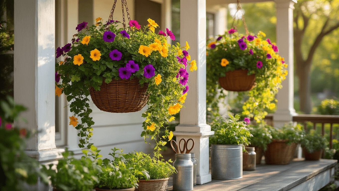 Outdoor Hanging Plants That'll Make Your Neighbors Actually Jealous A sunlit porch adorned with vibrant hanging baskets of petunias and sweet potato vines, featuring weathered white columns, moss-lined wicker baskets, and rich textures, set against a backdrop of oak trees, conveying a warm, inviting atmosphere.