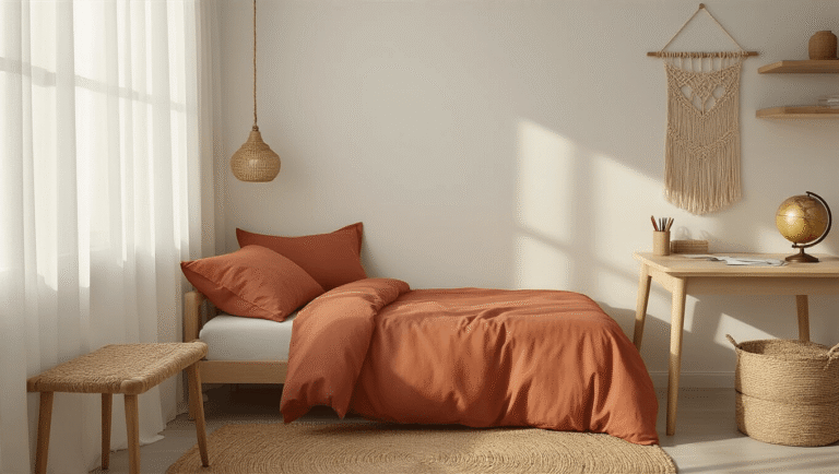 Dorm Room Aesthetic: How I Transformed My Tiny Space Into a Magazine-Worthy Haven Photorealistic minimalist dorm room featuring an extra-long twin bed with oatmeal and terracotta bedding, bathed in golden hour sunlight. A small wooden desk with organized supplies and a vintage brass globe complements the serene atmosphere, enhanced by macramé wall hangings and a woven jute rug. Soft earth tones and natural textures create warmth in the uncluttered space.