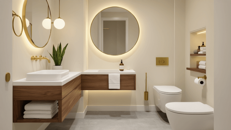 How to Design a Guest Toilet That Makes Your Visitors Feel Like Royalty (Without Breaking the Bank) Photorealistic interior of a compact modern guest toilet with light cream walls, brass fixtures, and a walnut vanity, featuring a white sink, circular brass-framed mirror, gray floor tiles, and decorative elements like folded towels and a snake plant, bathed in warm morning light.