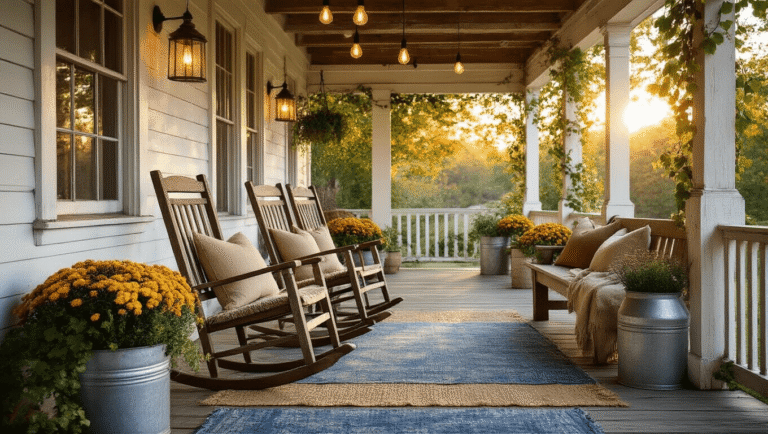 Rustic Farmhouse Porch Design: How I Transformed My Outdoor Space Into a Cozy Retreat Cinematic golden hour view of a rustic farmhouse porch featuring weathered rocking chairs, warm Edison lights, distressed columns, vibrant ivy and mum arrangements, burlap cushions, a vintage rug, and soft dappled shadows from clematis vines, creating an inviting and cozy atmosphere.