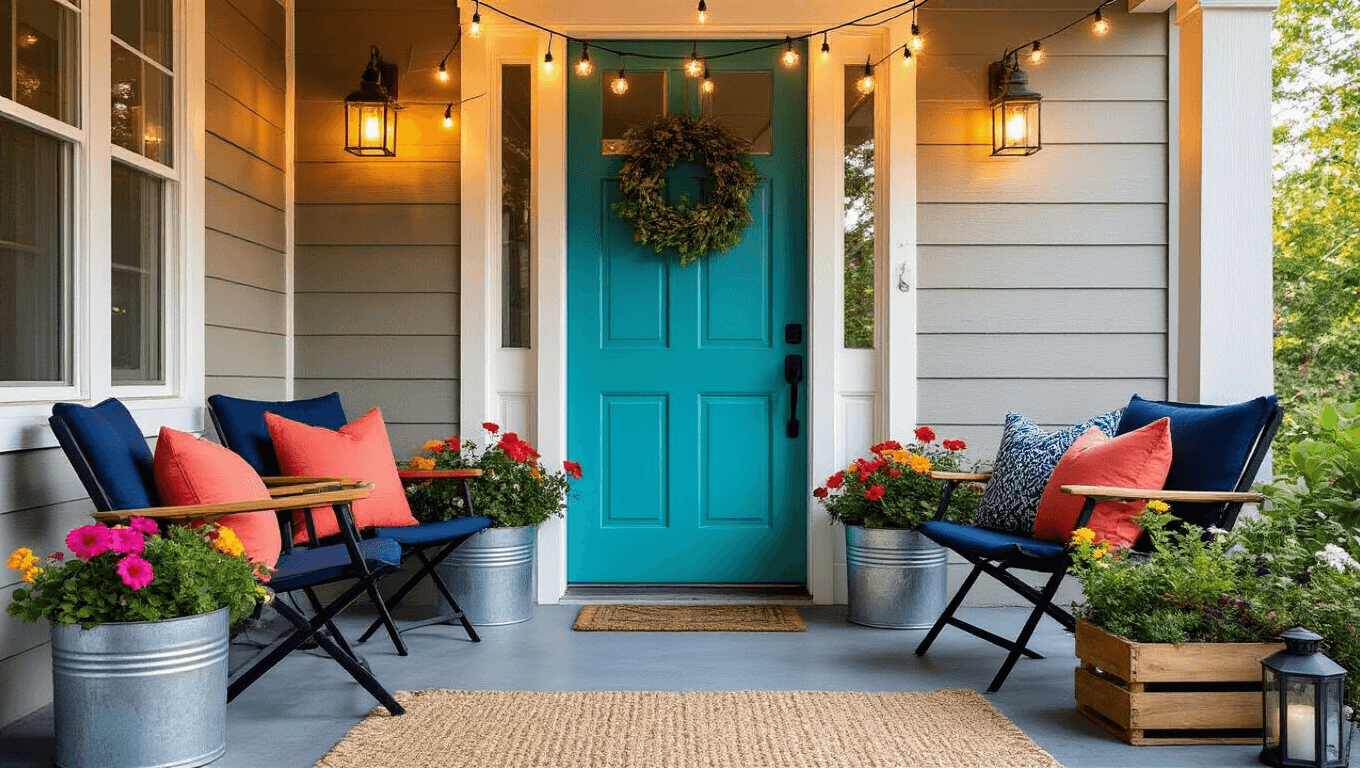 Small Front Porch Ideas on a Budget That'll Make Your Neighbors Jealous A charming small front porch featuring a teal blue door, warm string lights, black folding chairs with navy and coral pillows, DIY galvanized bucket and wooden crate planters filled with petunias and succulents, gray concrete flooring with stenciled patterns, a jute rug, and battery-operated lanterns, captured in soft natural lighting at golden hour from a low angle.
