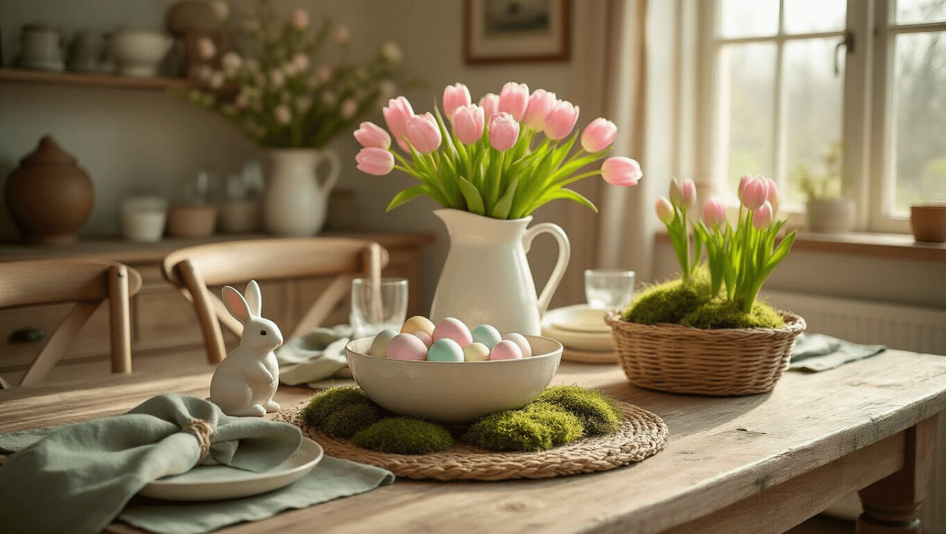 Easter Home Decor That Won't Make Your Wallet (or Sanity) Cry A cozy spring dining room featuring a weathered oak table with a cream ceramic bowl of pastel eggs, a rustic white pitcher of pink tulips, sage green linen placemats, a small white bunny, and a seagrass basket with potted bulbs, all bathed in warm golden hour light.