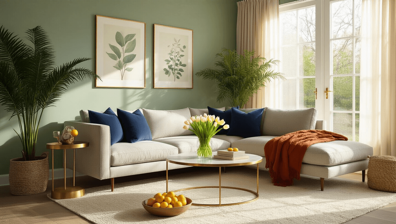 Spring Living Room Decor Ideas That'll Make You Actually Want to Dump Winter for Good A sunlit contemporary living room featuring sage green accents, a mid-century sectional with rust throws and navy pillows, brass side table with tulips, and an asparagus fern by the window, bathed in golden hour light and soft shadows, capturing spring styling with a pastel palette.
