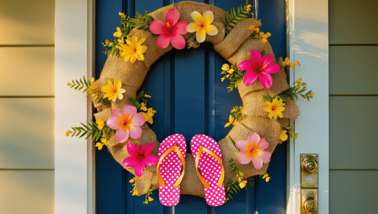 Dollar Tree Summer Wreaths That'll Make Your Neighbors Wonder Where You Shopped Cinematic close-up of a vibrant summer wreath featuring pink flip-flops and tropical flowers on a navy blue door, with warm lighting highlighting intricate textures.