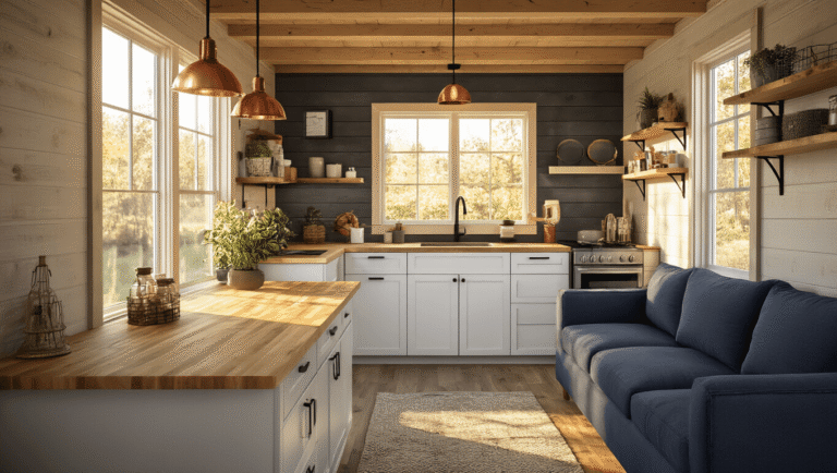 How to Convert a Shed into a Tiny House: My No-BS Guide to Affordable Living Photorealistic interior of a tiny house converted from a shed, featuring warm golden hour lighting, rustic butcher block countertops, white IKEA cabinets, and a cozy navy sectional, all in a 240 sq ft optimized layout.
