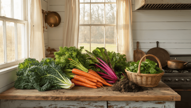 Winter Vegetables That'll Actually Survive (And Taste Better) In Freezing Weather Cinematic farmhouse kitchen scene featuring fresh winter vegetables including kale, carrots, chard, and spinach arranged on rustic wooden countertops, illuminated by warm golden hour sunlight through vintage curtains, with cozy decor and rich textures.