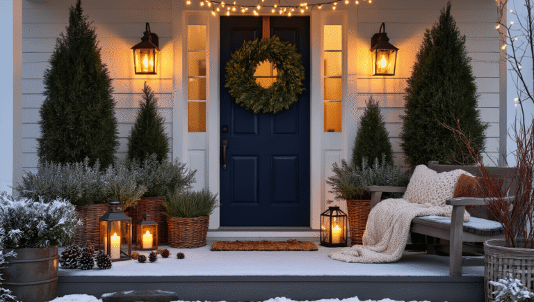 Winter Front Porch Decor: How I Transformed My Boring Entryway Into a Cozy Seasonal Haven Cinematic winter front porch at golden hour with potted cypress trees, rosemary topiaries, dark navy door adorned with eucalyptus wreath, red twig dogwood, vintage lanterns, Edison string lights, and cozy textures inviting warmth.