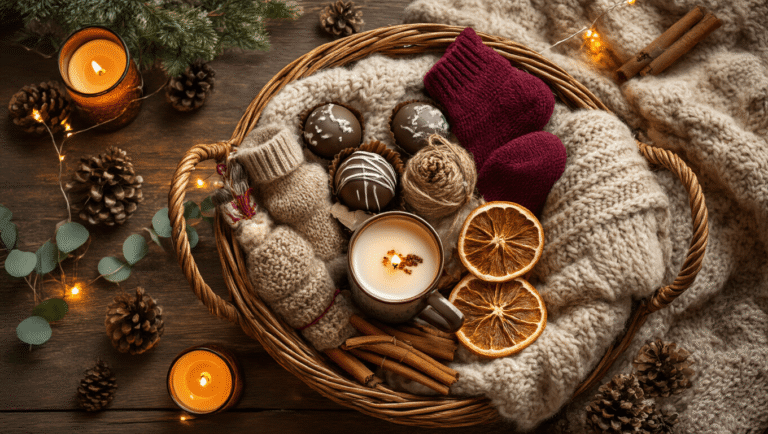 The Burr Basket: Your Ultimate Guide to Creating Cozy Cold-Weather Gift Collections Overhead view of a wicker burr basket filled with winter comfort items like hot chocolate bombs, knit socks, and scented candles, set against a rustic wooden background with warm lighting and natural elements.
