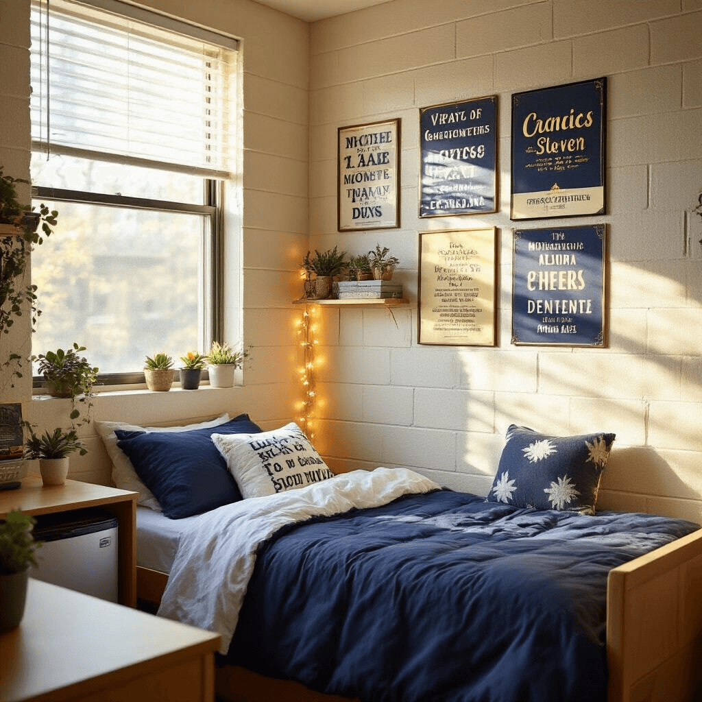 The Ultimate Guide to Dorm Posters That'll Make Your Room Actually Cool Cozy college dorm room with a twin XL bed and navy-white bedding, featuring a curated gallery wall of travel posters and literature covers, warm golden hour light streaming through a window, and a small shelf with succulents and fairy lights, capturing an intimate and inviting atmosphere.