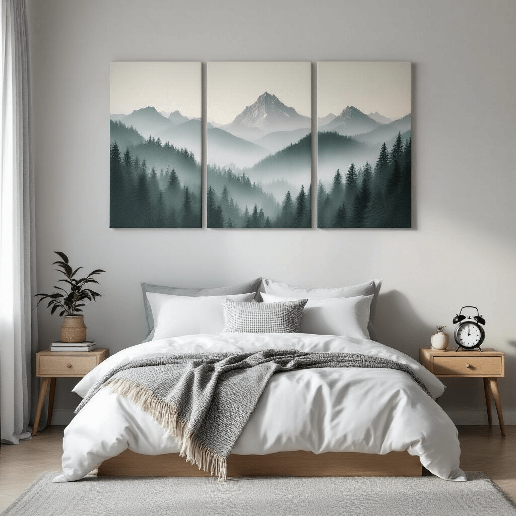 The Ultimate Guide to Dorm Posters That'll Make Your Room Actually Cool A minimalist dorm room featuring a bed with white and gray linens, a canvas triptych of mountain landscapes above, and a wooden nightstand with a plant and alarm clock, illuminated by afternoon light through sheer curtains.