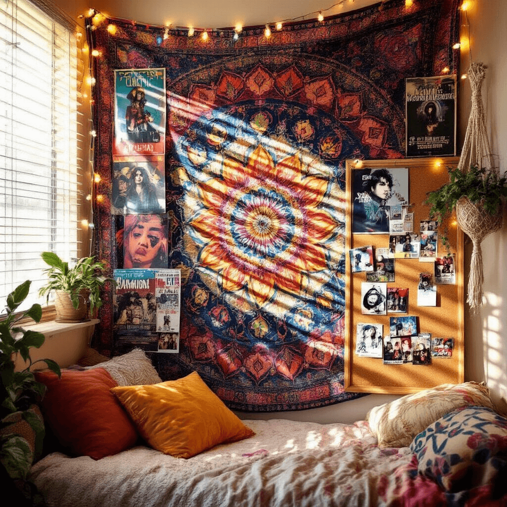 The Ultimate Guide to Dorm Posters That'll Make Your Room Actually Cool A vibrant bohemian dorm corner filled with layered pop culture posters, a large mandala tapestry, and warm string lights, creating a cozy, creative atmosphere.