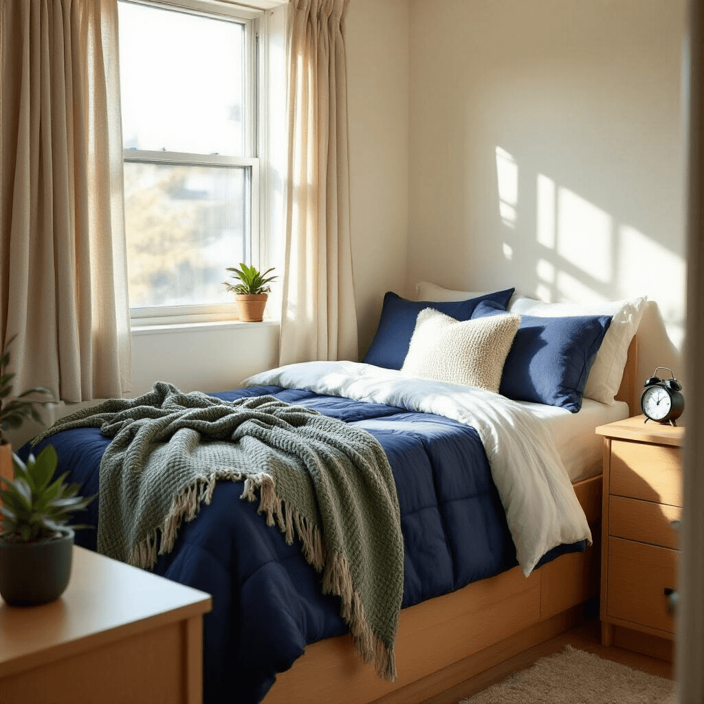 Everything You Need for Your College Dorm (And What You Can Skip) Photorealistic interior of a cozy college dorm bedroom with a twin XL bed, cream mattress topper, navy blue comforter, and layered white sheets, illuminated by warm sunlight through semi-sheer curtains, showcasing blonde wood furniture, contrasting pillows, a chunky knit throw blanket, a black digital alarm clock, and a small potted succulent, captured from the doorway with a focus on comfort and warmth.