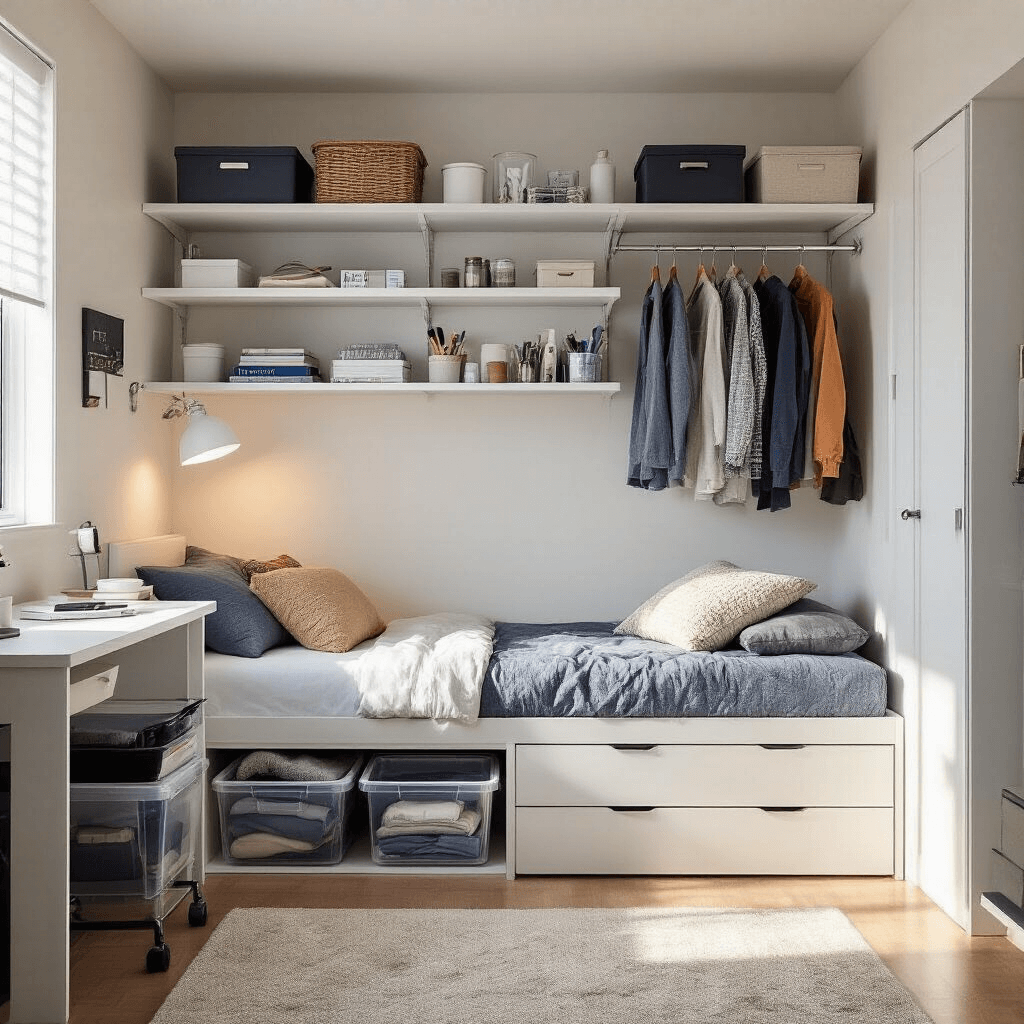 Everything You Need for Your College Dorm (And What You Can Skip) Photorealistic wide-angle view of a compact dorm room, showcasing smart storage solutions like under-bed clear rolling containers for winter clothing, over-door organizers for toiletries, and floating shelves above a desk. A raised twin bed on chrome risers allows for additional storage, with slim velvet hangers in the closet maximizing space. Morning light highlights the room's tidy arrangement and warm wood grain features.