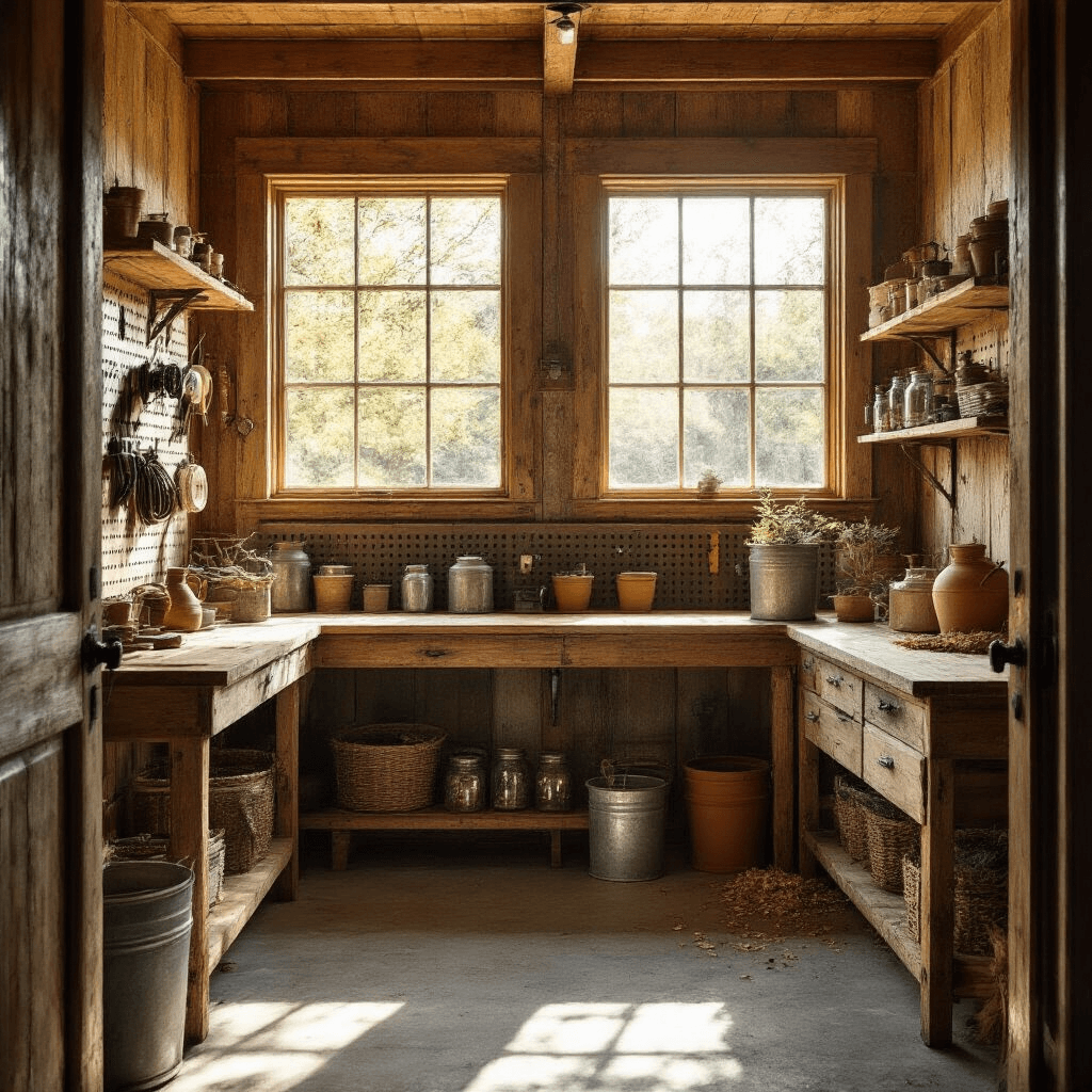 Garden Sheds: Everything You Need to Know Before You Buy or Build One Interior of a rustic backyard garden shed workshop with warm golden hour light, featuring a reclaimed wood workbench, weathered cedar plank walls, organized vintage tools, scattered wood shavings, and a serene potting station.