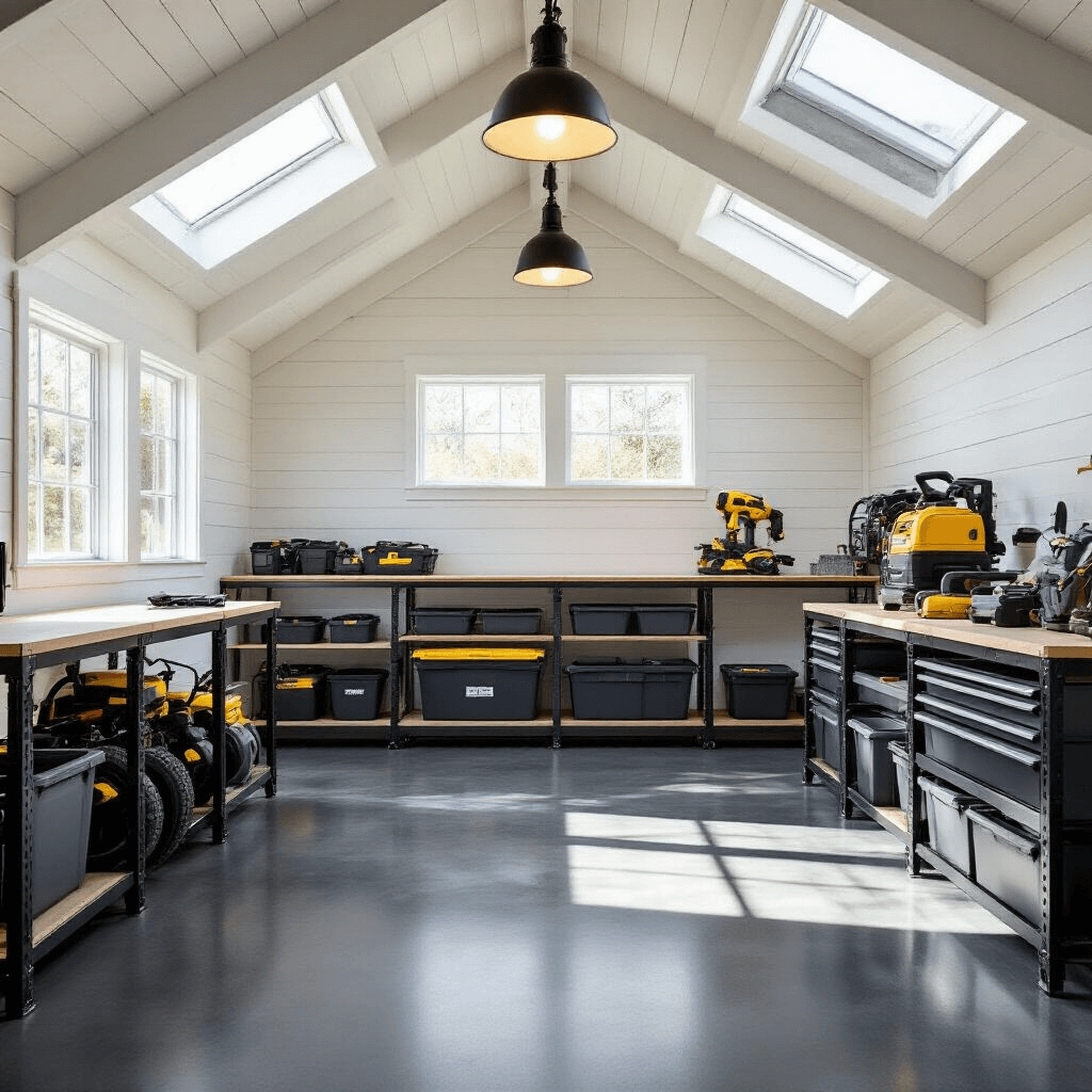 Garden Sheds: Everything You Need to Know Before You Buy or Build One Modern minimalist shed interior featuring white-washed wood walls and charcoal gray epoxy floors, showcasing organized black metal shelving with lawn equipment and tools, illuminated by skylights and industrial pendant lighting.