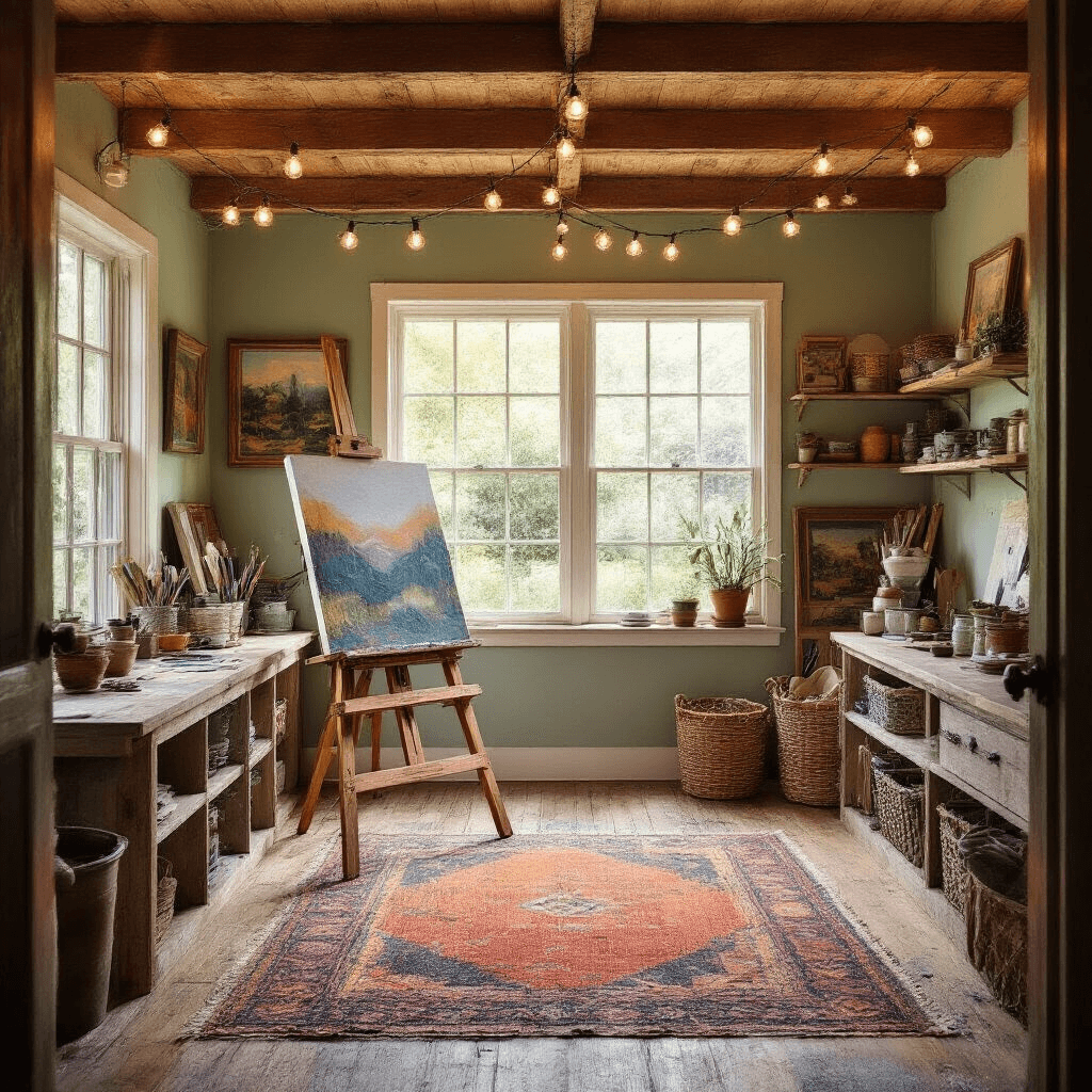 Garden Sheds: Everything You Need to Know Before You Buy or Build One Cozy artist studio shed interior filled with natural light, featuring wood beams, string lights, vintage easel by a large window, paint-splattered floors, built-in storage, and colorful accents, viewed from the doorway.