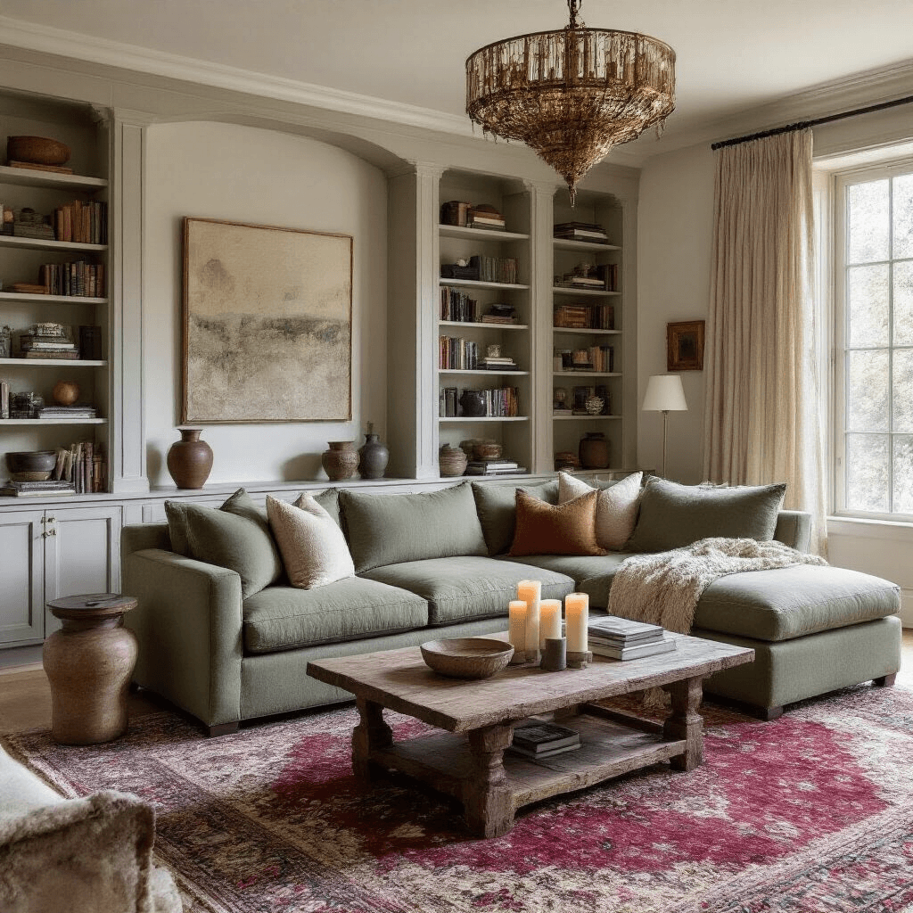 Transform Your Royale High Dorm Into Your Dream Space: A Complete Customization Guide An elegant living room with a sage green sectional sofa, layered lighting from a brass chandelier and ceramic lamps, a reclaimed wood coffee table with candles, and a vintage Persian rug in burgundy. Floor-to-ceiling bookshelves surround a large window draped in natural linen curtains, creating an inviting and curated atmosphere.