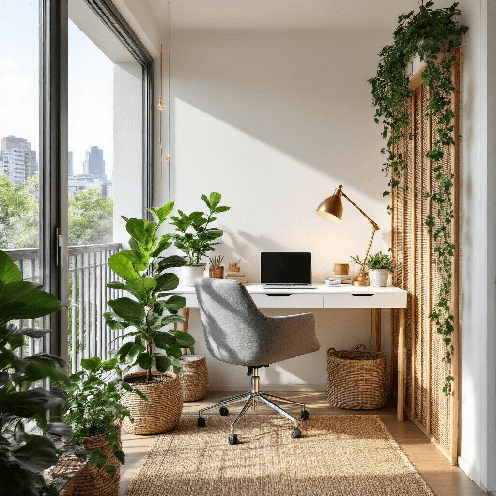 Transform Your Royale High Dorm Into Your Dream Space: A Complete Customization Guide Bright home office balcony featuring a sleek white desk, gray chair, and greenery, with floor-to-ceiling windows and natural materials, captured from a seated desk height in morning light.