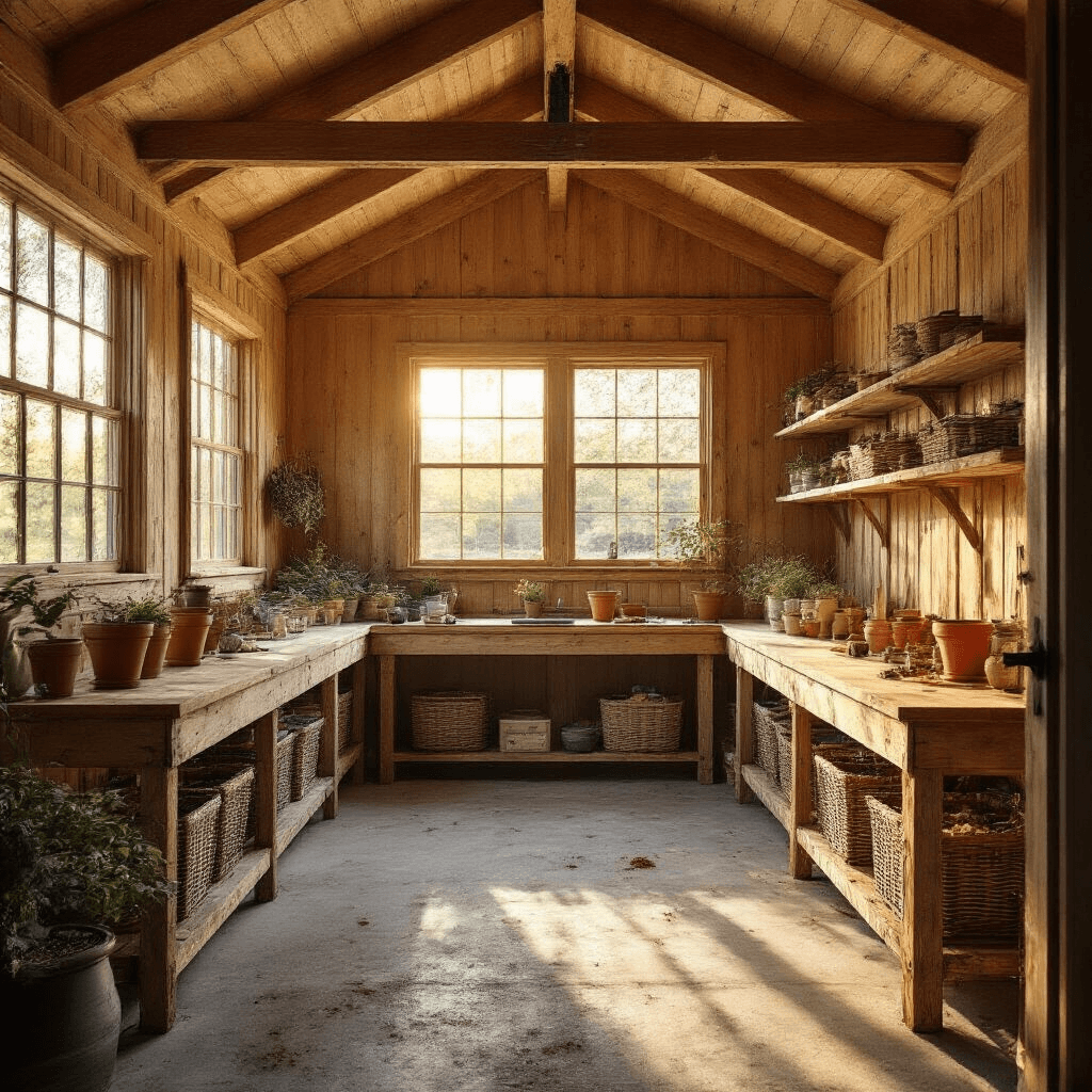 How I Learned to Design the Perfect Backyard Shed (Without Losing My Mind) Photorealistic interior view of a garden workspace shed featuring exposed wooden beams, natural pine walls, a reclaimed barn wood potting bench with terracotta pots and gardening tools, industrial metal shelving with wicker baskets, and warm golden hour light filtering through two windows, highlighting dust particles and string lights overhead.