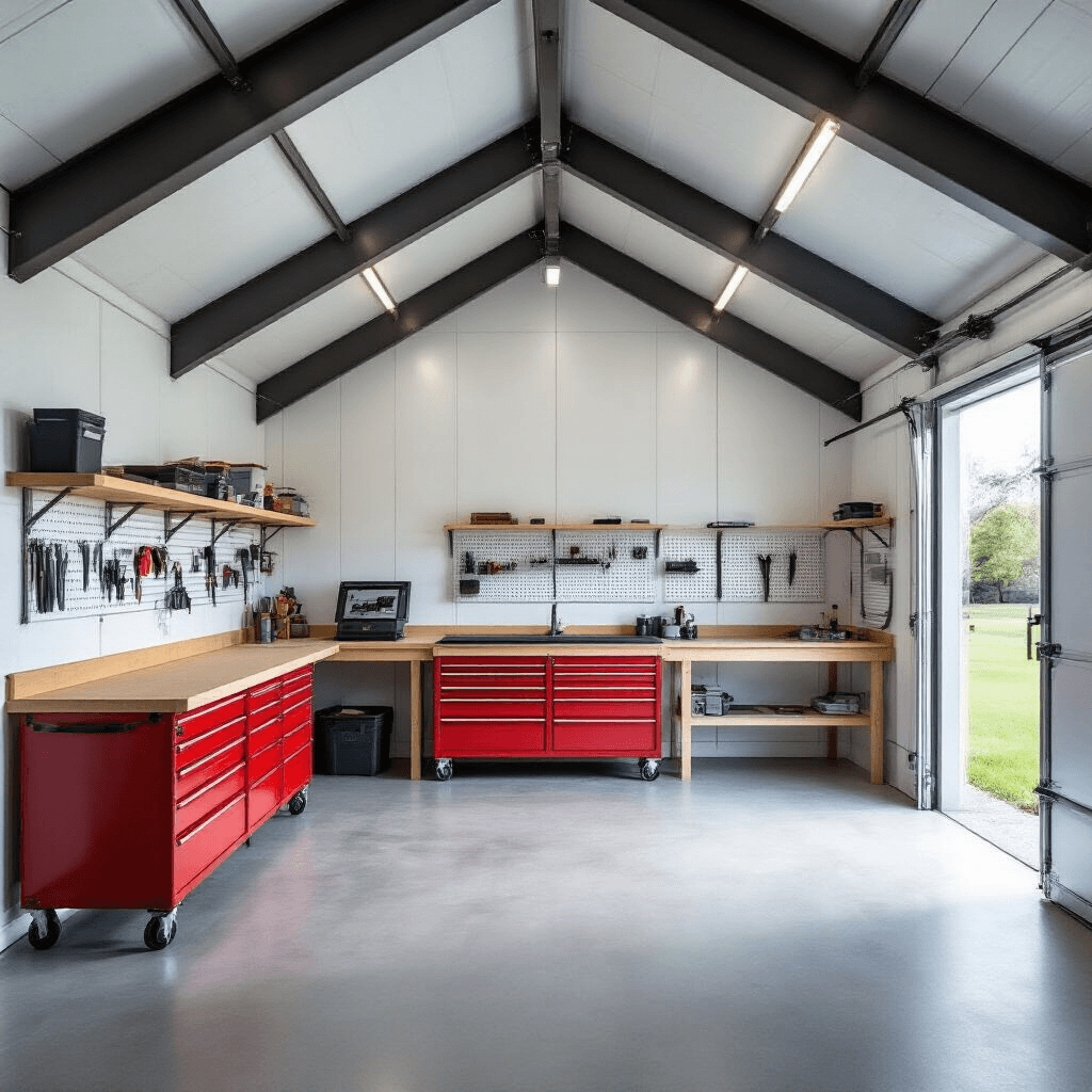 How I Learned to Design the Perfect Backyard Shed (Without Losing My Mind) Photorealistic interior of a modern workshop shed featuring a gambrel roof, clean white walls, exposed steel beams, and a spacious layout. Highlights include an L-shaped birch plywood workbench, a bright red rolling tool chest, and a wall-mounted pegboard with neatly arranged tools. The space has a concrete floor with light gray epoxy, large sliding barn doors opening to a green yard, and LED strip lighting casting even illumination, creating an organized and efficient atmosphere.