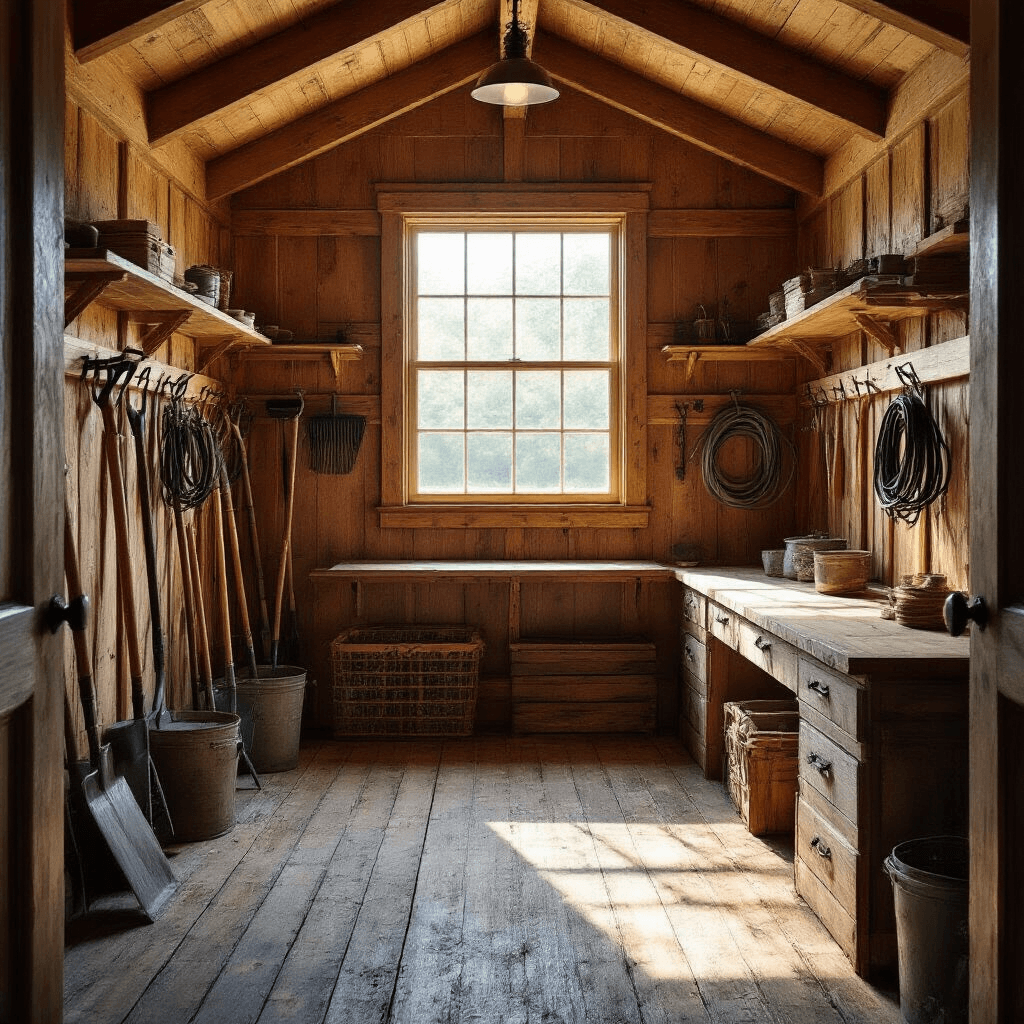 How I Learned to Design the Perfect Backyard Shed (Without Losing My Mind) Photorealistic interior of a cozy tool storage shed featuring rustic cedar walls, exposed rafters, and morning light filtering through a divided light window. The space includes wall-to-wall organizers, vintage garden tools, a folded work surface, and a weathered wooden floor, creating a nostalgic workshop atmosphere.