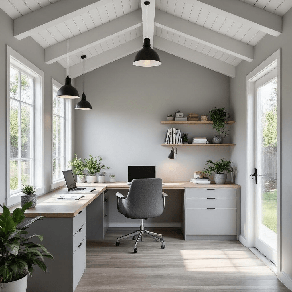 How I Learned to Design the Perfect Backyard Shed (Without Losing My Mind) Photorealistic interior of a contemporary multi-purpose shed office featuring a 10x14 layout with white-painted rafters, soft gray drywall, a built-in desk, a charcoal task chair, abundant natural light from large windows, and stylish decor in a palette of gray, white, oak, and black.
