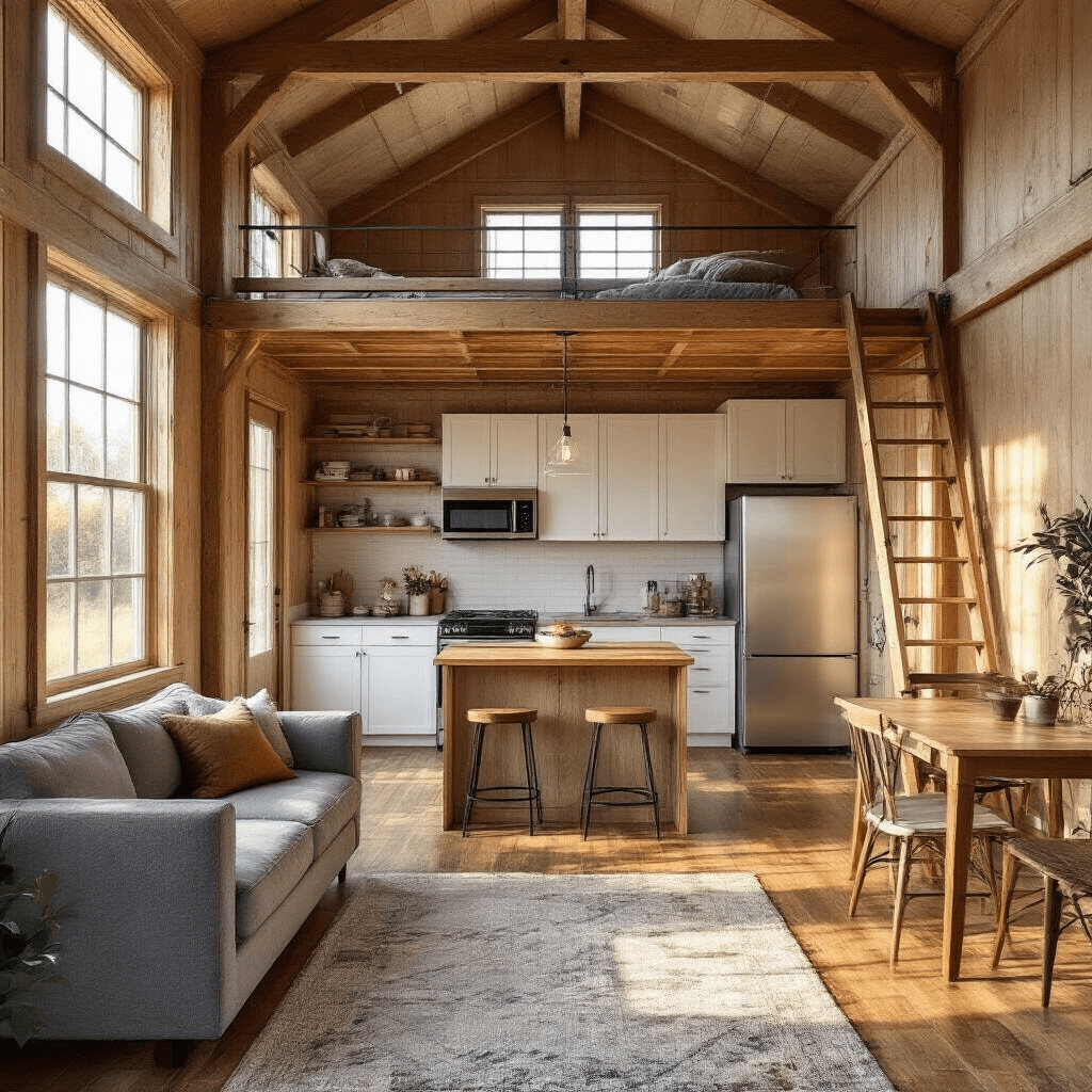 Shed House Living: How I Discovered the Most Affordable Path to Homeownership Cozy lofted barn shed house interior featuring an open living area with warm golden hour light, a compact kitchen with white cabinets and butcher block countertops, and a sleeping loft above, all highlighting multifunctional furniture and a warm atmosphere.