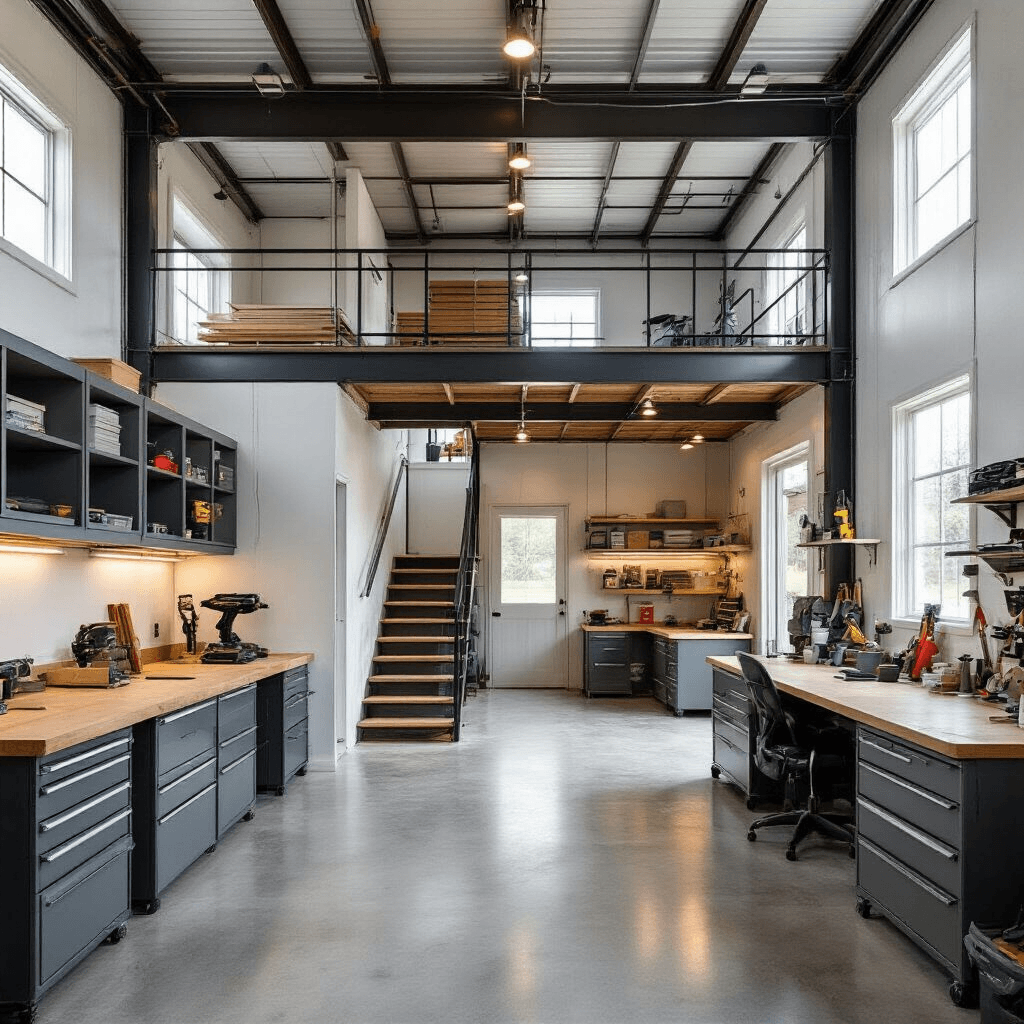 Shed House Living: How I Discovered the Most Affordable Path to Homeownership Interior of a spacious 40x60 shouse workshop transitioning to a residential living area, featuring bright LED lighting, industrial-style windows, gray tool storage, and polished concrete floors leading to luxury vinyl planking, with an archway revealing modern furnishings in a second-story apartment.