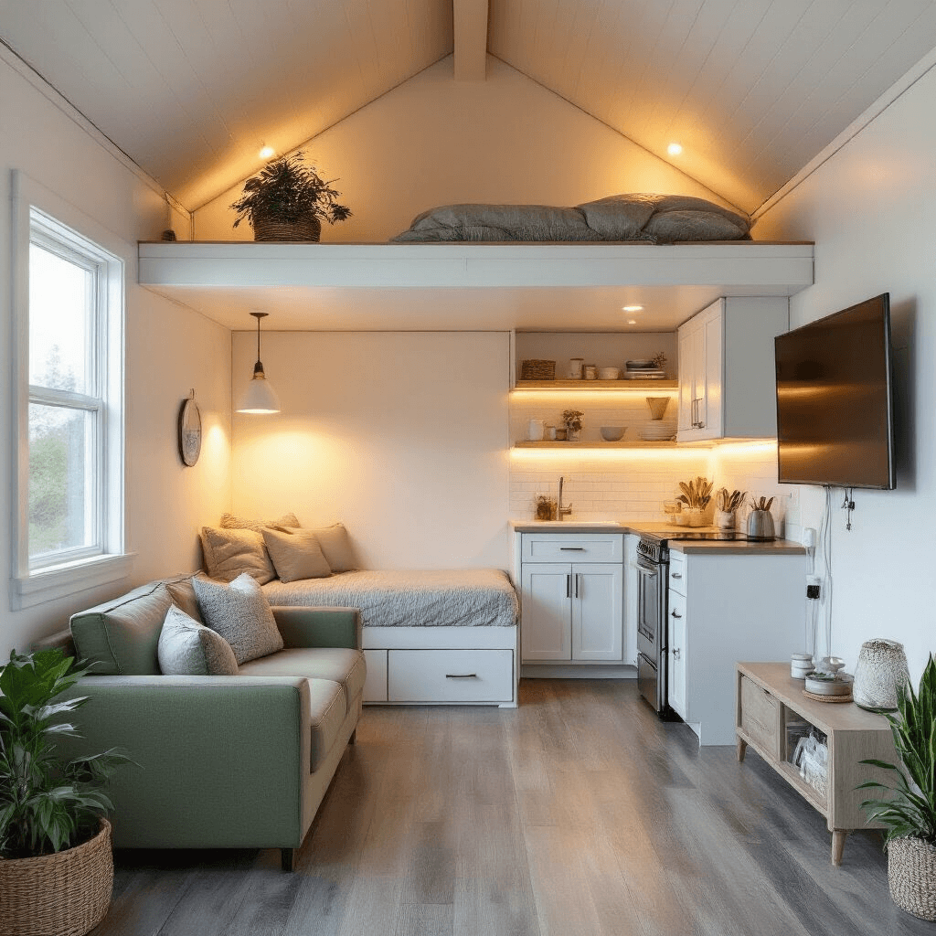 Shed House Living: How I Discovered the Most Affordable Path to Homeownership Intimate lofted garden shed house interior with ambient lighting, featuring a compact living area, murphy bed, kitchenette with mini cabinets, and a sleeping loft accessed by a staircase, all designed for efficient space utilization.