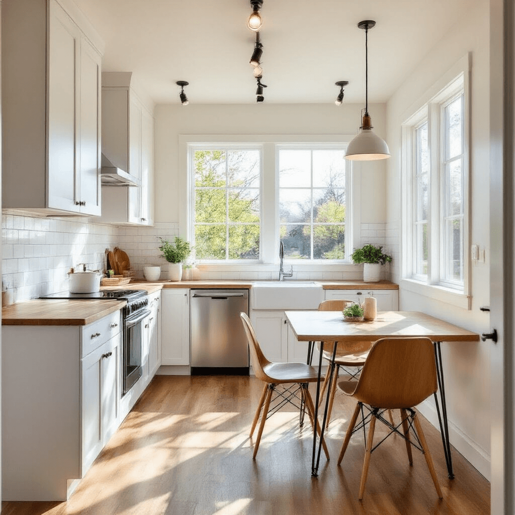 Shed House Living: How I Discovered the Most Affordable Path to Homeownership A bright, modern shed house kitchen and dining area featuring a compact galley kitchen with white shaker cabinets, butcher block countertops, and a fold-down dining table with Scandinavian-style chairs, all illuminated by natural light through energy-efficient windows.