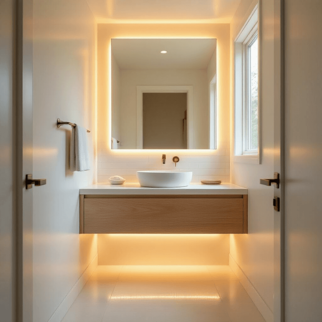 How I Learned to Make My Tiny Toilet Room Feel Twice Its Size Photorealistic interior of a compact 4x6 foot powder room featuring a large frameless mirror, a frosted window, a wall-mounted floating vanity in white oak with a vessel sink, and polished chrome fixtures, illuminated by warm golden hour sunlight and ambient LED strip lighting beneath the vanity, all set against soft cream porcelain floor tiles and Benjamin Moore Cloud White walls.