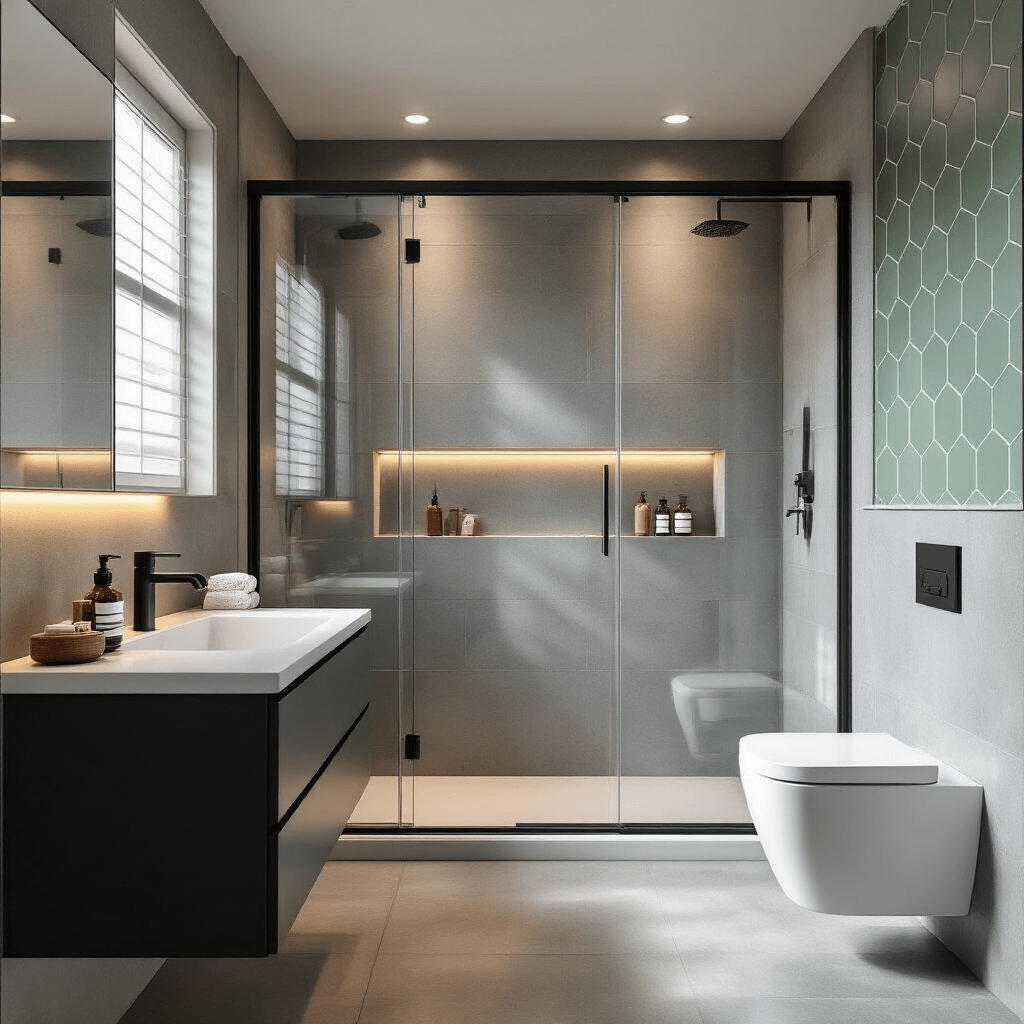 How I Learned to Make My Tiny Toilet Room Feel Twice Its Size Photorealistic interior of a modern small bathroom featuring a corner glass shower, large format porcelain tiles in warm gray, a matte black floating vanity with LED lighting, recessed wall niches with toiletries and towels, a compact wall-mounted toilet, and a sage green hexagon accent wall, viewed from a high corner angle with natural and studio lighting.