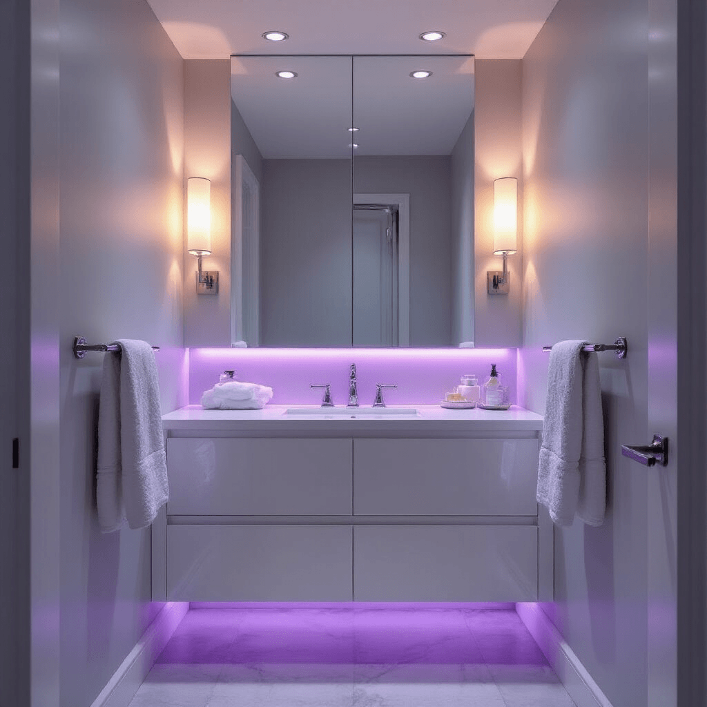 How I Learned to Make My Tiny Toilet Room Feel Twice Its Size Photorealistic view of a small, elegantly lit powder room featuring soft dove gray walls, a floating vanity with purple LED strip lighting, and chrome accessories, captured from a low angle to highlight the interplay of ambient, task, and accent lighting.