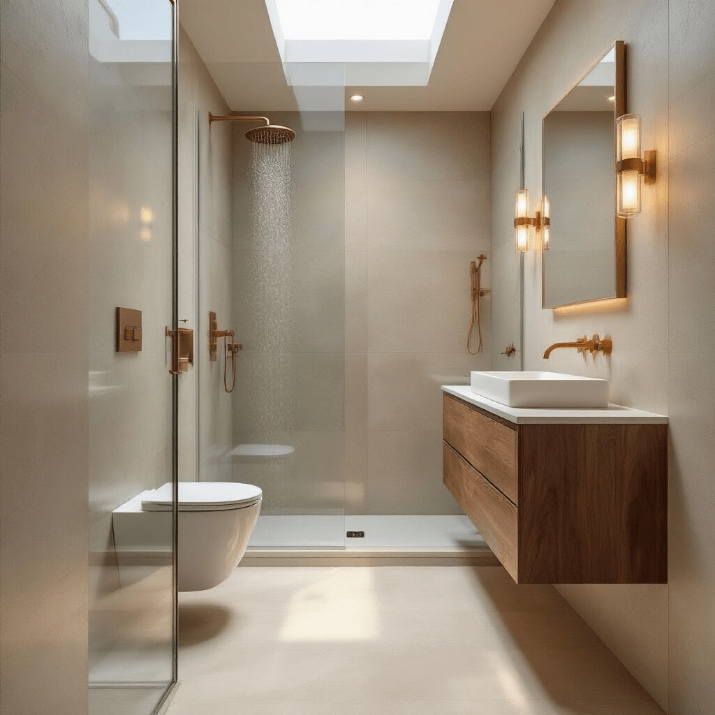 How I Learned to Make My Tiny Toilet Room Feel Twice Its Size Photorealistic interior of a narrow wet room toilet featuring a sloped floor, central drain, clear glass shower panel, large mirror for depth illusion, warm walnut floating vanity, large concrete-look porcelain tiles, and brushed brass fixtures, illuminated by natural morning light from a skylight.