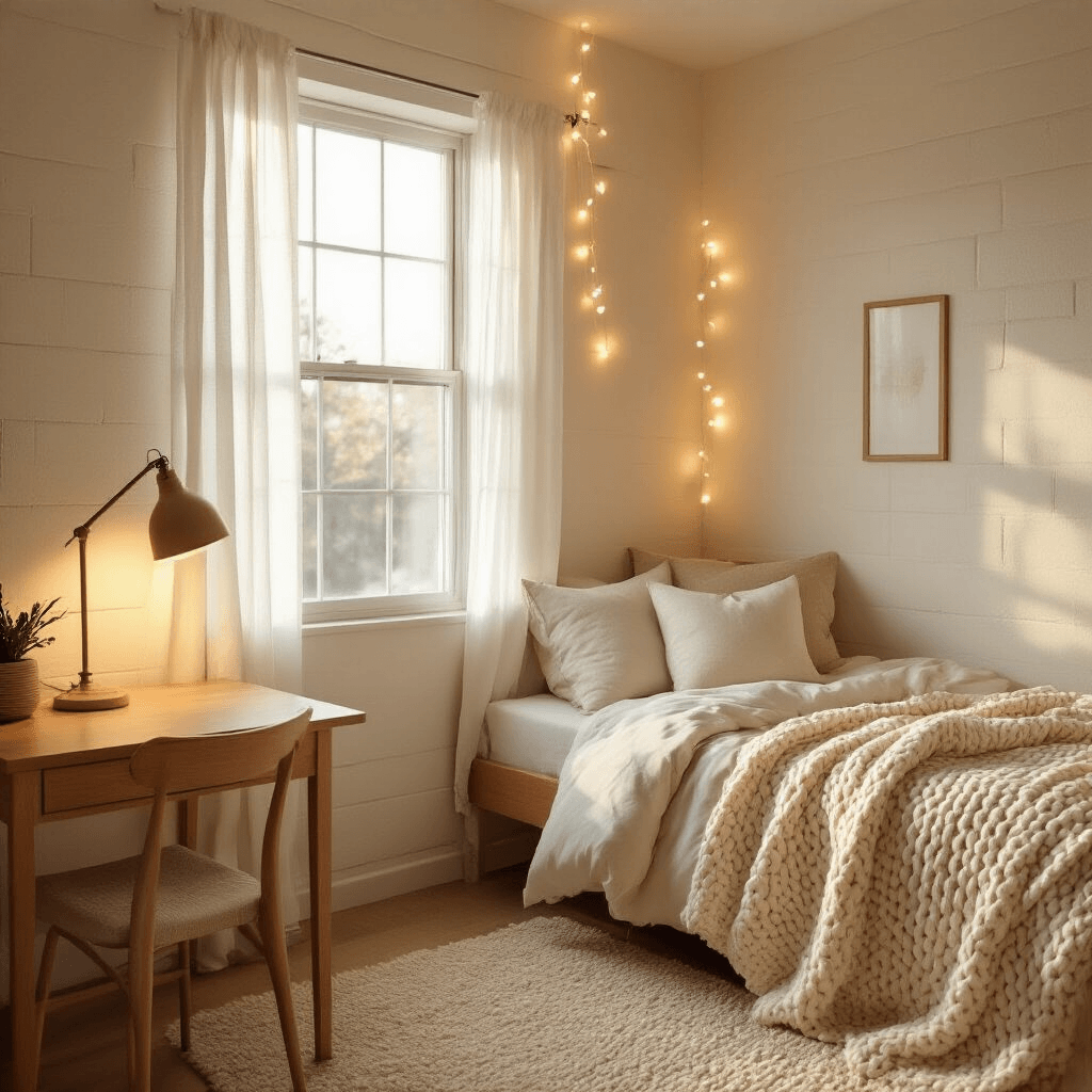 How to Transform Your Dorm Room Into the Coziest Space on Campus Photorealistic dorm room interior featuring cream-painted cinder block walls, warm golden hour light from a window with sheer curtains, a cozy twin bed with chunky knit blanket and oversized pillow, a wooden study area illuminated by a warm LED lamp, decorative string lights, and a soft shag rug, creating an intimate and inviting atmosphere.