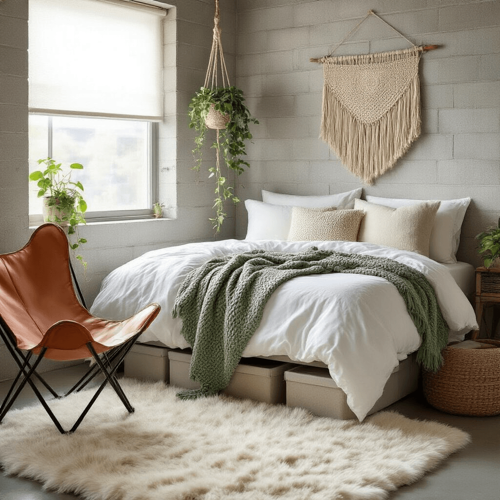 How to Transform Your Dorm Room Into the Coziest Space on Campus Photorealistic dorm room featuring a twin XL bed with high-thread-count white sheets, a chunky sage green throw, and multiple pillows, all set against concrete block walls. Soft morning light filters through a window, illuminating a thick cream faux fur rug and a woven fabric wall hanging above the headboard. A macramé plant holder with trailing pothos adds greenery, while a cognac leather butterfly chair is folded by the door. Under-bed storage boxes are neatly tucked away, and a bedside caddy holds a phone and water bottle, all creating a cozy, nest-like atmosphere in the institutional space.