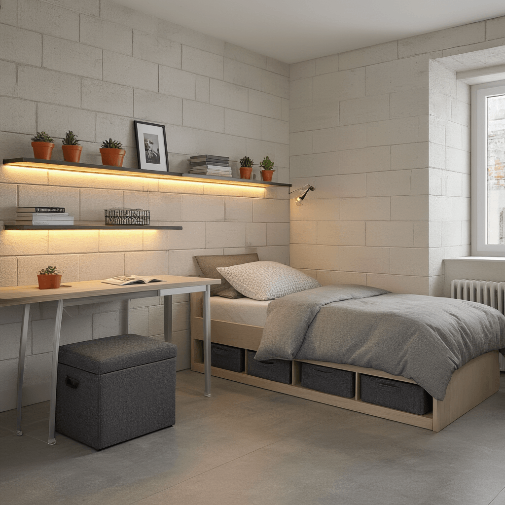 How to Transform Your Dorm Room Into the Coziest Space on Campus Photorealistic dorm room interior showcasing smart storage solutions, featuring a bed with a bedside caddy, a charcoal storage ottoman, and organized under-bed storage, all in a 10x12 space with natural light, warm LED accents, and curated decor.