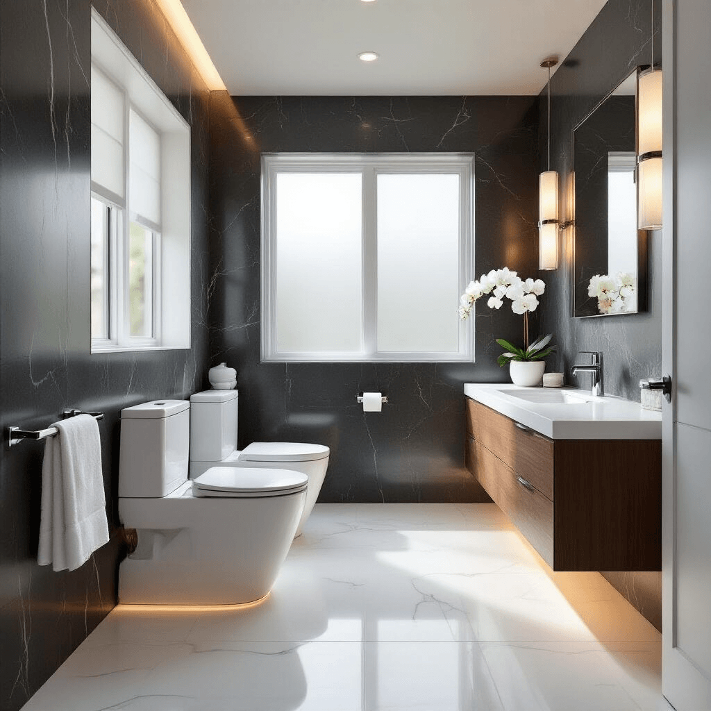 Luxury Toilets: Why Your Bathroom Deserves More Than Basic (And What I Learned From My $2,000 Throne) A luxurious master bathroom featuring a sleek white TOTO Neorest smart toilet against a charcoal gray marble accent wall, with polished white porcelain floor tiles and a floating walnut wood vanity, illuminated by soft morning light and warm LED fixtures.