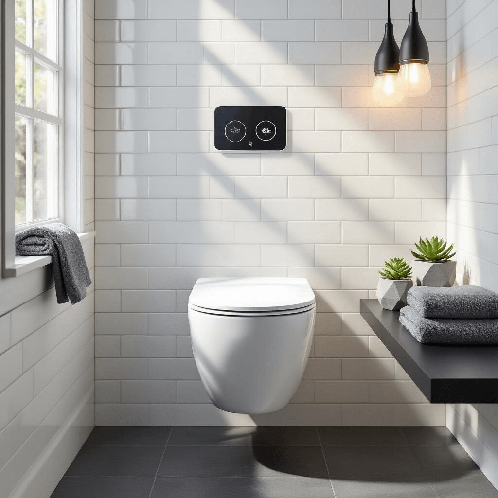 Luxury Toilets: Why Your Bathroom Deserves More Than Basic (And What I Learned From My $2,000 Throne) Photorealistic contemporary guest bathroom featuring a wall-mounted Kohler Numi smart toilet in glossy white, suspended above dark gray porcelain tiles, with floor-to-ceiling white subway tiles and golden hour sunlight streaming through a privacy glass window.