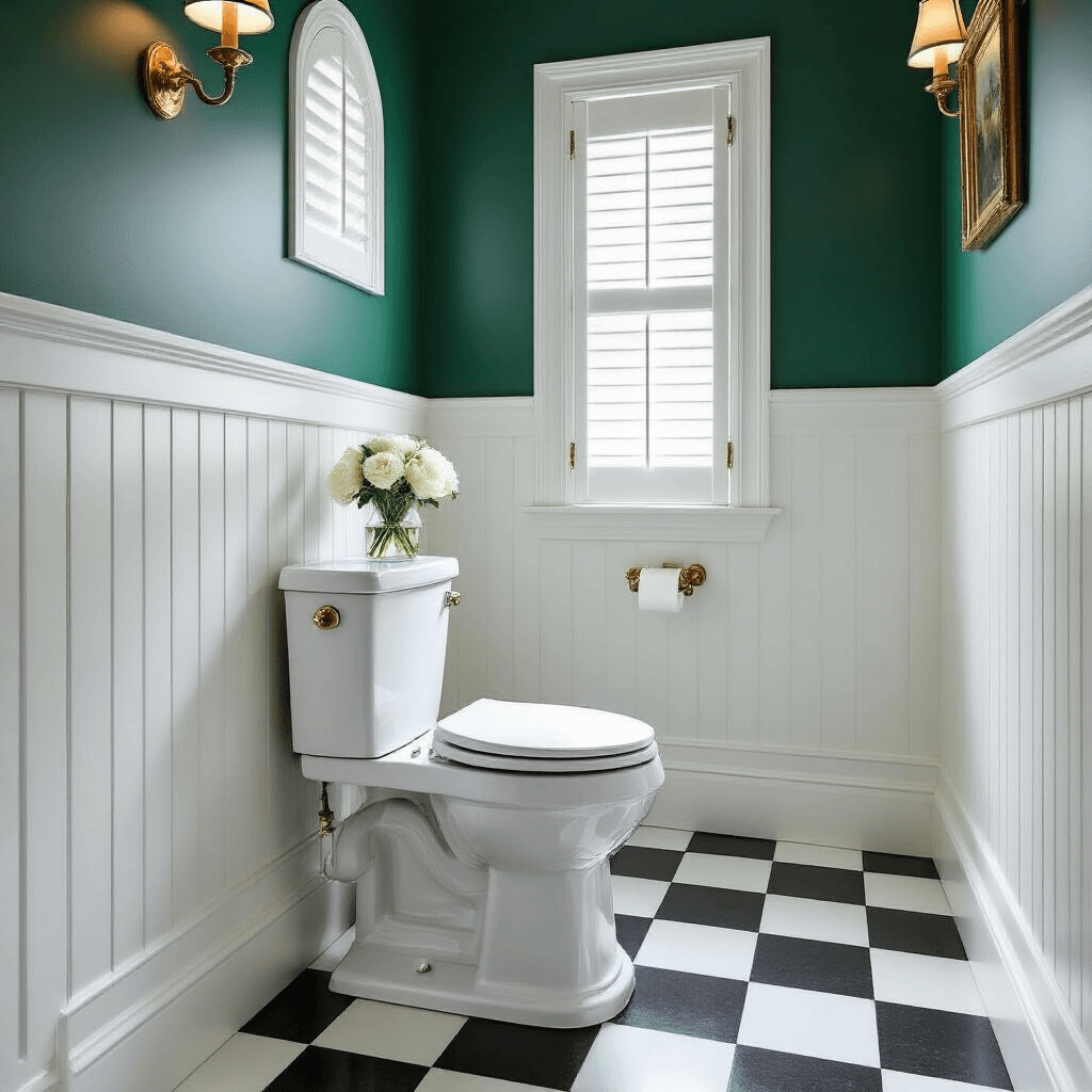 Luxury Toilets: Why Your Bathroom Deserves More Than Basic (And What I Learned From My $2,000 Throne) A luxurious powder room showcasing a white smart toilet with integrated bidet against emerald green walls and white wainscoting, featuring black and white checkered floor tiles, polished brass fixtures, a vintage sconce, and a pedestal sink with a glass vessel of white peonies, all illuminated by soft afternoon light.