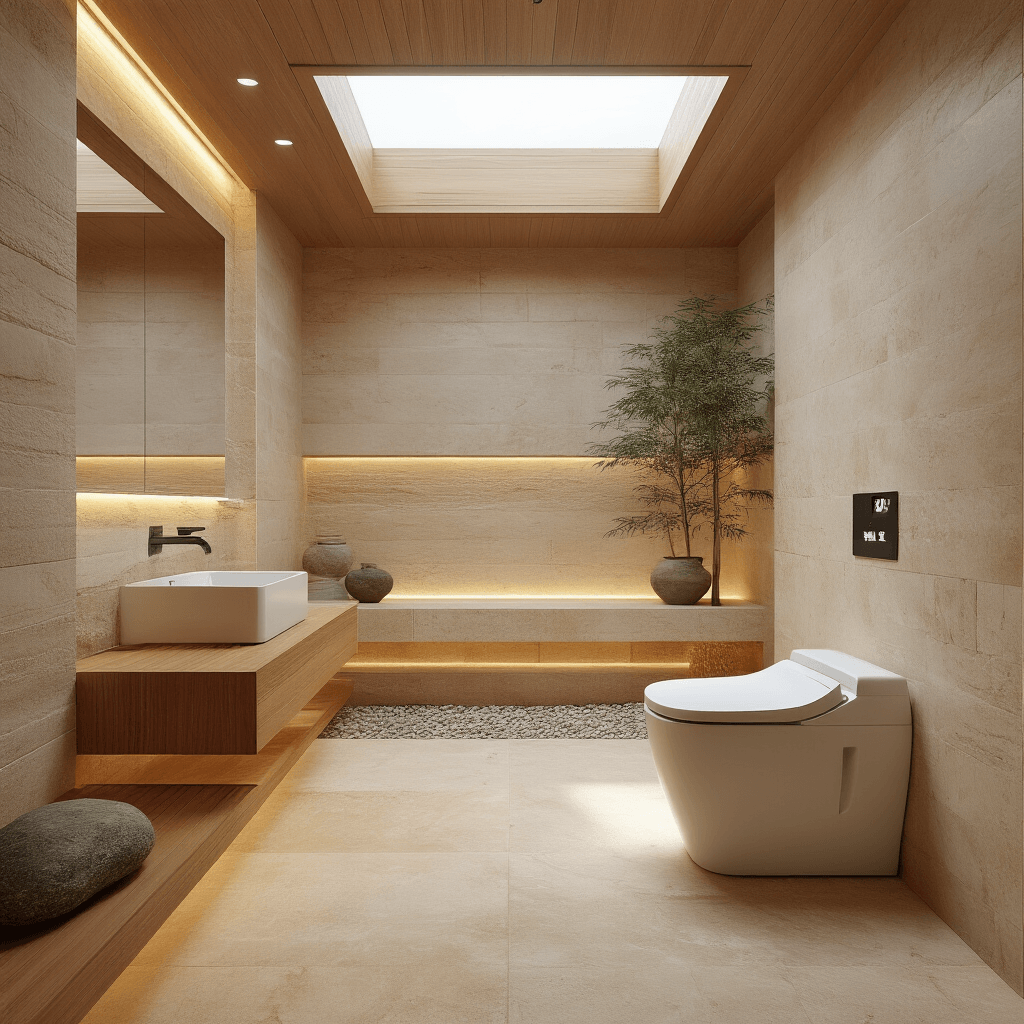 Luxury Toilets: Why Your Bathroom Deserves More Than Basic (And What I Learned From My $2,000 Throne) A photorealistic bathroom featuring a sleek Japanese-style smart toilet in warm beige ceramic, set in a zen-inspired space with natural stone and wood elements, large travertine tiles, diffused morning light, and minimalistic decor.