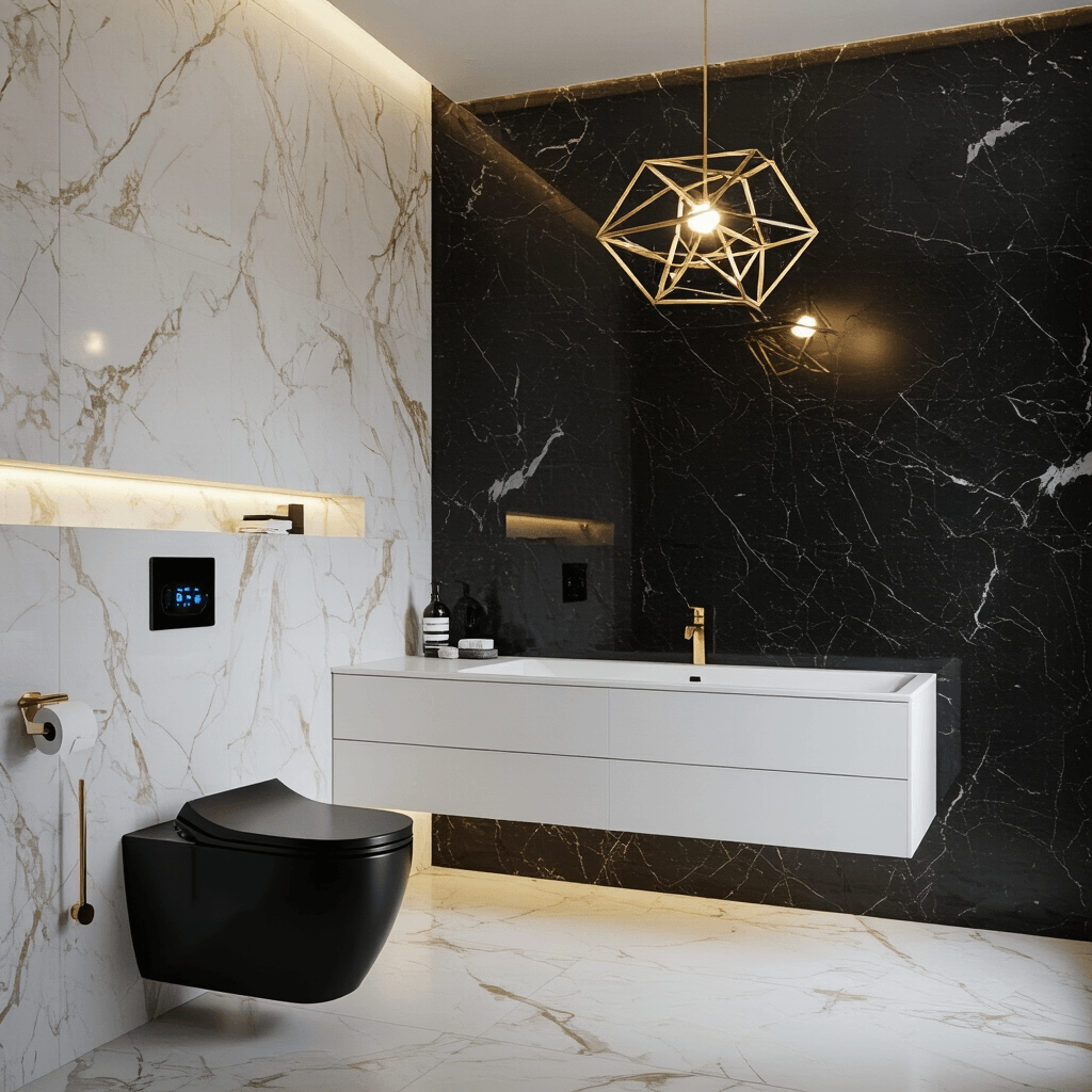 Luxury Toilets: Why Your Bathroom Deserves More Than Basic (And What I Learned From My $2,000 Throne) A luxurious contemporary bathroom featuring a black smart toilet with gold accents against a black marble wall, large white porcelain tiles, and a floating double vanity with gold hardware, illuminated by evening lighting and a geometric chandelier, captured in a dramatic three-quarter angle.