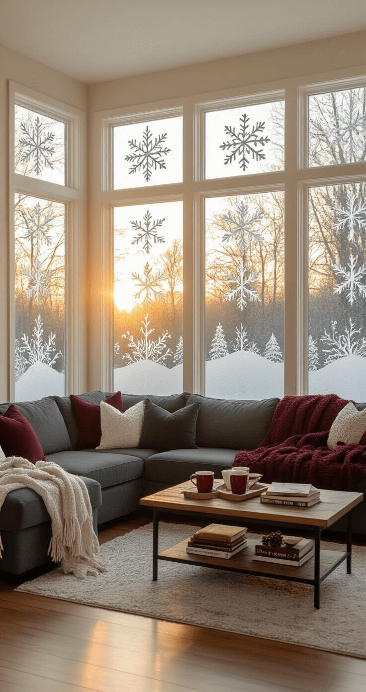 Christmas Window Art That'll Make Your Neighbors Stop and Stare Cozy living room at golden hour featuring hand-painted winter landscape window art, cream walls, hardwood floors, and a charcoal sectional sofa. Intricate white snowflake patterns and snowy scenes backlit by warm sunlight create a magical atmosphere, with a rustic coffee table holding hot cocoa mugs and holiday books. Soft burgundy and forest green throw blankets adorn the furniture.