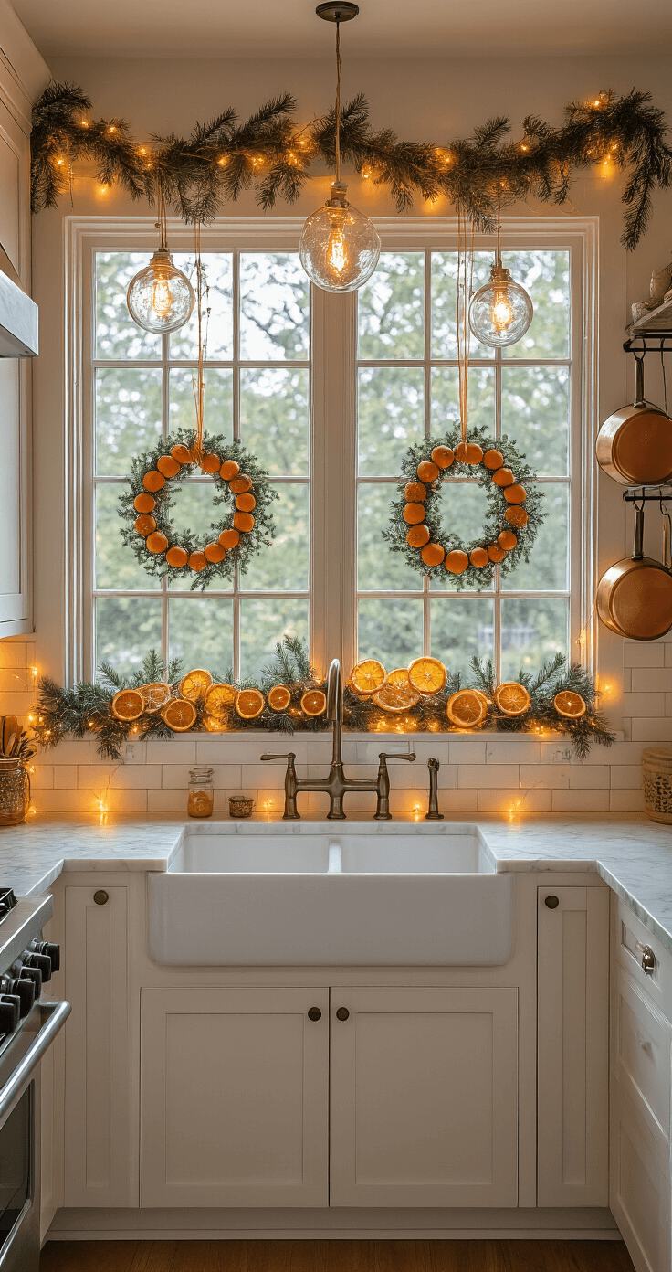 Christmas Window Art That'll Make Your Neighbors Stop and Stare Elegant kitchen at dusk featuring farmhouse window with DIY wreaths, dried orange garlands, white shaker cabinets, and marble countertops, illuminated by warm fairy lights and soft pendant lighting.