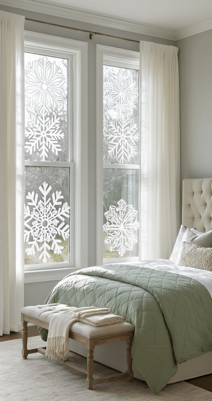Christmas Window Art That'll Make Your Neighbors Stop and Stare A serene master bedroom with gray walls and white trim, featuring tall casement windows adorned with geometric snowflake art. Soft morning light illuminates the room, highlighting a sage green quilted duvet, cream throw pillows, and a vintage wooden bench with cashmere throws, while sheer white curtains frame the intricate window designs.