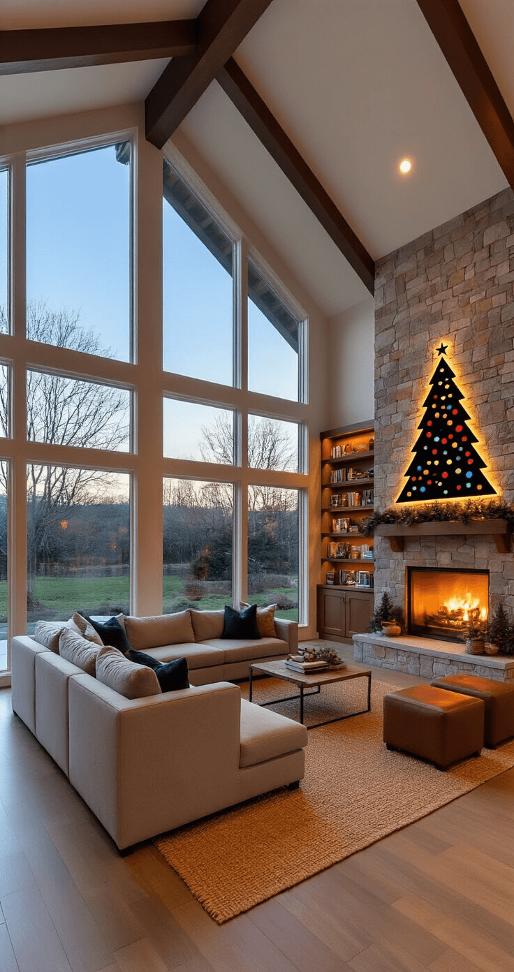 Christmas Window Art That'll Make Your Neighbors Stop and Stare A cozy family room at twilight, featuring minimalist Christmas tree silhouette window art on large windows, exposed beams, a stone fireplace, and neutral seating, with colorful ornaments and soft lighting creating a festive atmosphere.