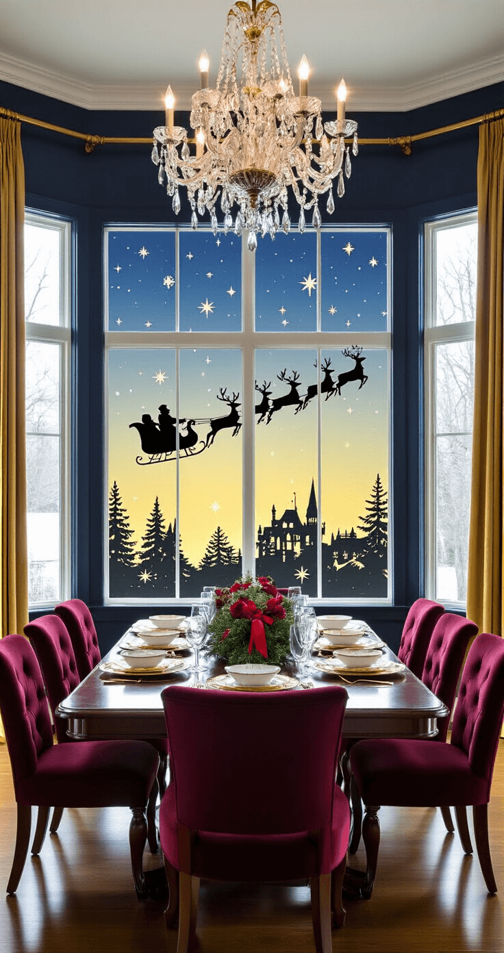 Christmas Window Art That'll Make Your Neighbors Stop and Stare A luxurious dining room features a mahogany table set for eight, surrounded by burgundy velvet chairs, under a crystal chandelier. Panoramic windows showcase painted silhouettes of Santa's sleigh and reindeer against a starry sky, framed by heavy gold drapes, enhancing the elegant holiday atmosphere.