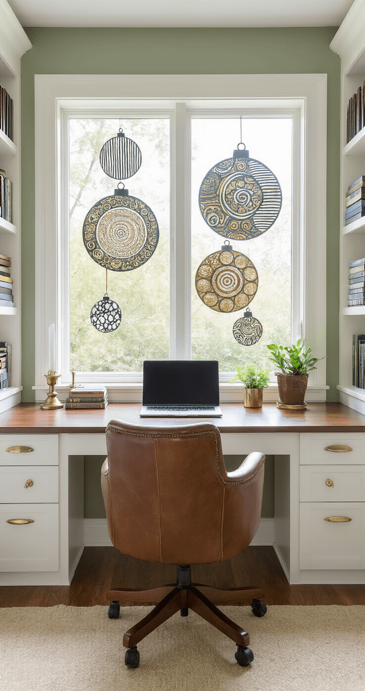 Christmas Window Art That'll Make Your Neighbors Stop and Stare A professional home office with sage green walls features a walnut desk facing large windows adorned with hanging bauble mural art in various patterns. Built-in white bookcases, brass desk accessories, and potted plants enhance the creative workspace, illuminated by bright, focused lighting.