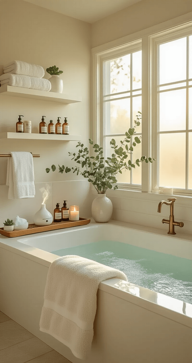 Christmas Gifts That'll Actually Make People Happy in 2026 A serene spa-inspired bathroom featuring a freestanding soaking tub with eucalyptus, ambient amber glass essential oil bottles, and warm golden hour light streaming through frosted windows, all accentuated by plush towels and a teak wood bath caddy.