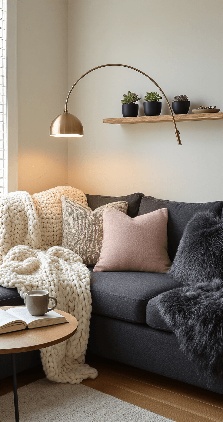 Christmas Gifts That'll Actually Make People Happy in 2026 Cozy living room corner with layered throw blankets on a charcoal sectional sofa, ambient lighting from a brass desk lamp and twilight window light, showcasing a live-edge walnut side table with a steaming mug and open book, potted succulents on a floating shelf, honey oak floors, cream walls, and a geometric patterned rug.